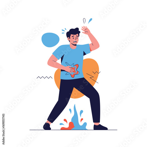 Young man experiencing sudden severe abdominal pain feeling unwell and worried while standing