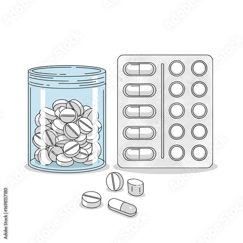 Health care medicines pharmaceutical products for treatment and pain relief pills and capsules packaging collection