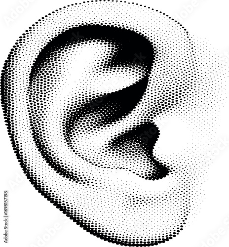 Abstract human ear illustration created with a halftone dot pattern, a graphic concept for hearing, communication, and sensory perception