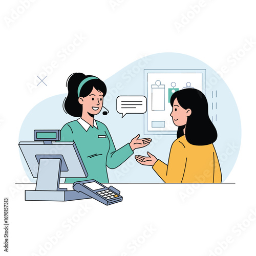 Customer service representative assisting a person at a checkout counter with a friendly conversation