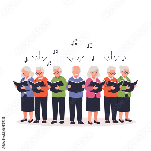 A diverse group of senior citizens joyfully engaged in harmonious choral singing together performing a musical piece