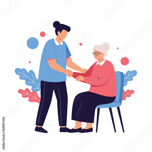 Compassionate caregiver assisting elderly woman with gentleness and support