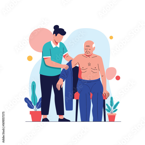 Caring hands assisting elderly man with clothing during rehabilitation and recovery process