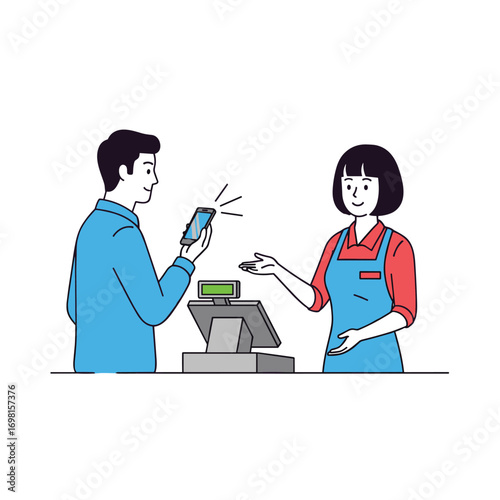 Customer uses smartphone for contactless payment at a retail checkout counter with cashier assistance