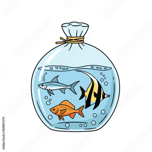 A clear plastic bag containing water and three different types of freshwater aquarium fish swimming together