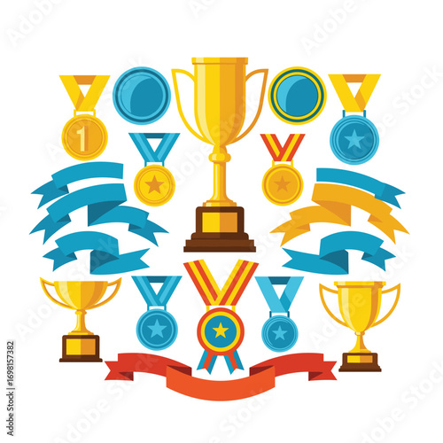 Collection of golden trophies medals ribbons and awards for achievement and competition recognition