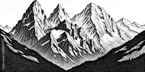 Majestic mountain peaks and rugged alpine landscape in a vintage black and white ink sketch illustration