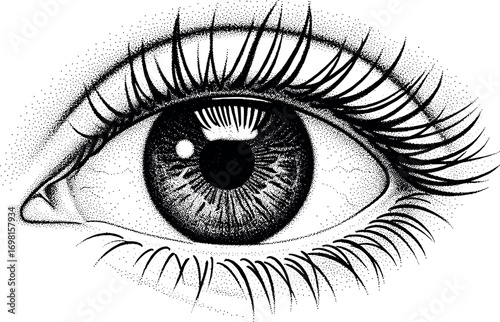 Monochrome stipple art illustration of a realistic human eye with detailed iris and long eyelashes, symbolizing vision and perception