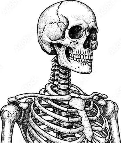 Intricate hand-drawn anatomical illustration of the upper human skeleton, showing the skull, spine, and rib cage