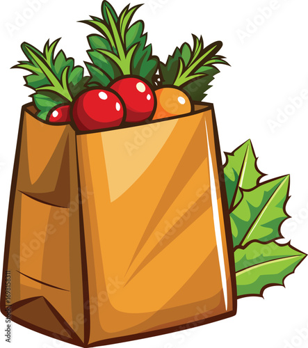 Christmas Community Volunteering Fresh Produce Paper Bag Cartoon