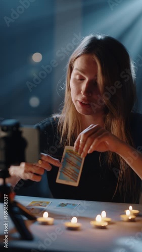 Fortune teller explaining tarot card meaning on video call