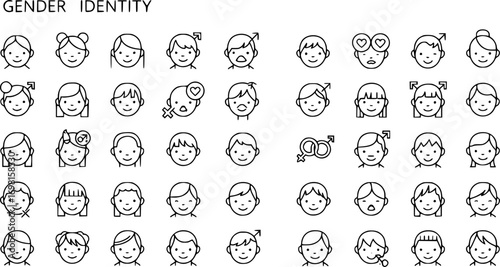 Vector thin line icon set of of gender related vector Icons. Different gender face head avatars. Sexual orientation and gender signs and symbols. Equality, difference, choice 