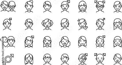 Vector thin line icon set of of gender related vector Icons. Different gender face head avatars. Sexual orientation and gender signs and symbols. Equality, difference, choice 