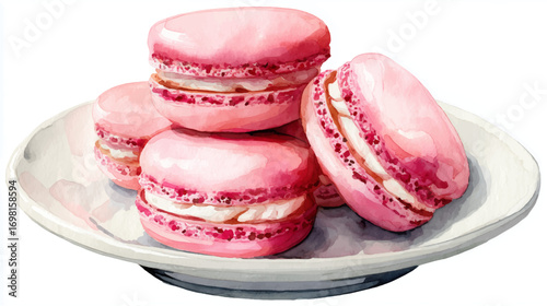Vector illustration, of French pink macarons on white plate. Watercolor paint. 