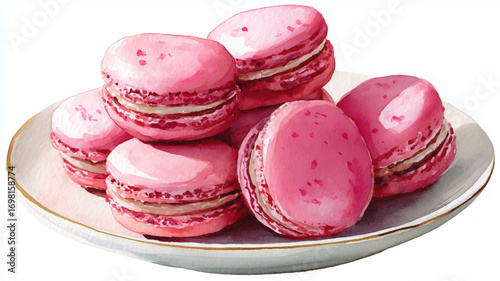 Vector illustration, of French pink macarons on white plate. Watercolor paint. 