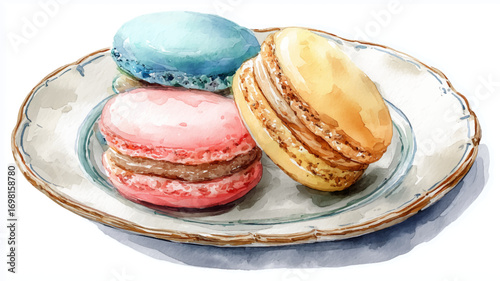 Vector illustration, of French macarons on white plate. Watercolor paint. 