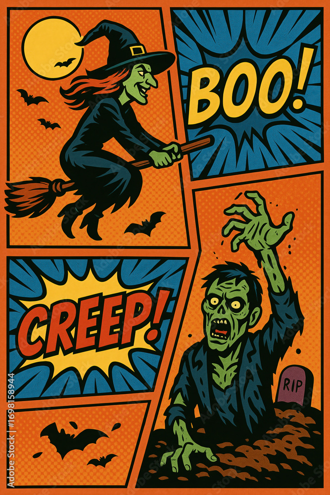Obraz premium Halloween Comic Style Illustration with Witch and Zombie