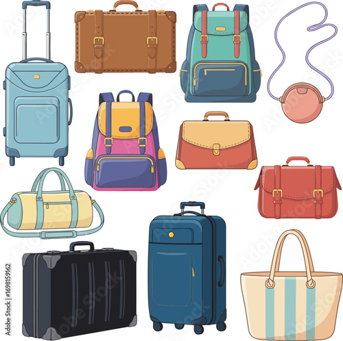 Handle travel bag, luggage backpack and business suitcases isolated flat vector set. Handle travel bag, luggage vacation backpack and business suitcases or fashion antique handbag leather accessory
