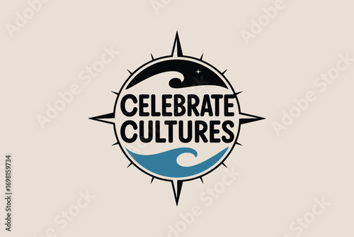 Celebrate cultures logo with compass points and wave designs in a circular frame on a beige background