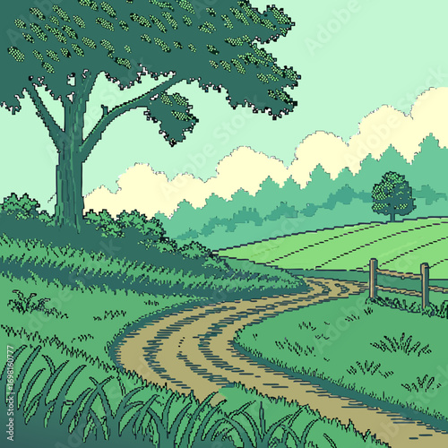 Pixel Art Farm Field - Pixelated game background showcasing a farm field with lush grass ground. Game design asset. Graphic art 8 bit illustration. Ai ... See More