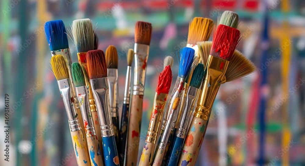 Fototapeta premium A collection of colorful paint brushes in a studio setting
