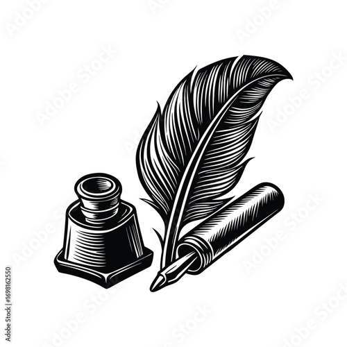 engraving vintage quill inkwell on parchment vector art illustration, old vintage quill design.
