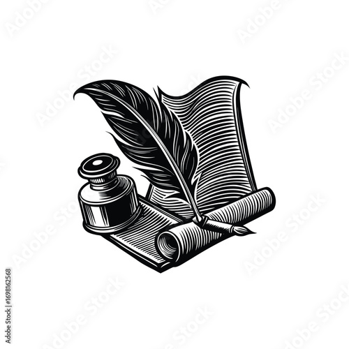 engraving vintage quill inkwell on parchment vector art illustration, old vintage quill design.
