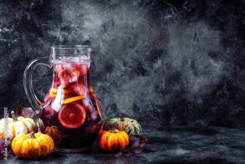 Autumn Sangria with Citrus and Pumpkin Arrangement on Textured Background.