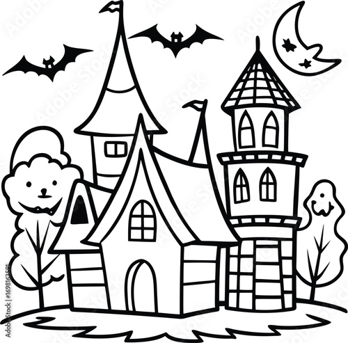 Whimsical halloween castle with bats and a crescent moon
