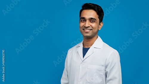 Smiling man in white lab coat against a blue background, looking at the camera