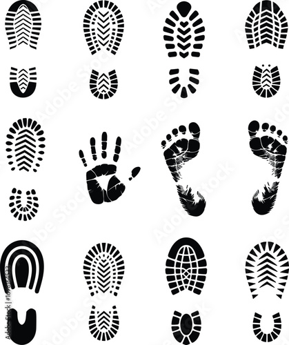 An assortment of black and white footprints and shoe prints representing a journey or tracing steps, ideal for graphic design projects
