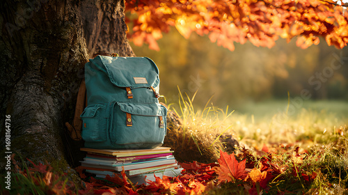 College student fall natural photography. Teal backpack resting on a stack of books under the tree, surrounded by fallen golden and brown leaves. College bed autumn fall in the park, back to school