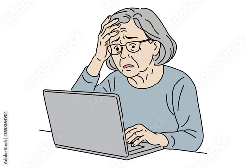 Senior woman frustrated at laptop forgetting password illustration representing computer trouble, login issue, and digital literacy concept
