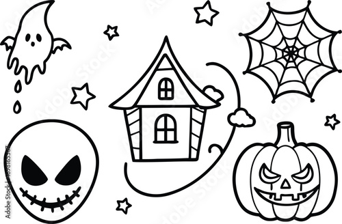 Whimsical halloween doodle art with ghost alien haunted house pumpkin and spiderweb