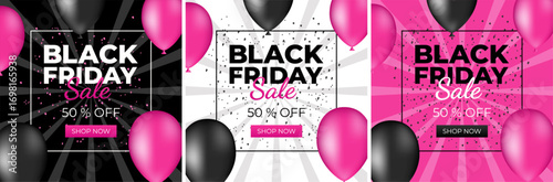 Black Friday. Sale up to 50 percent. Set of square posters and banners for social networks. Vector illustration.