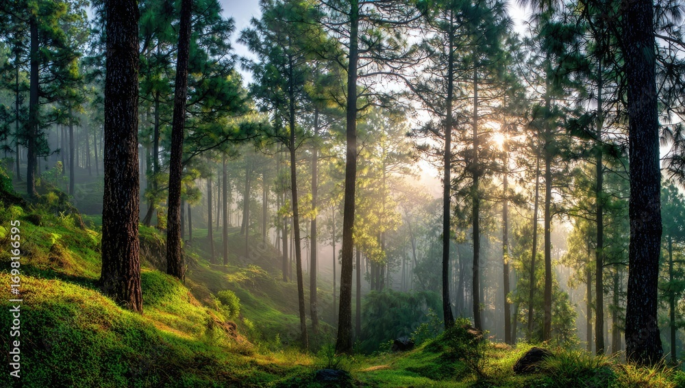 Obraz premium Misty morning sunbeams filter through a dense pine forest