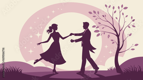Elegant silhouette of a romantic couple dancing a classic waltz under the moonlight with stars in a landscape