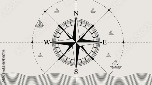 A nautical compass rose with ships and wavy lines indicating water on a light background illustration
