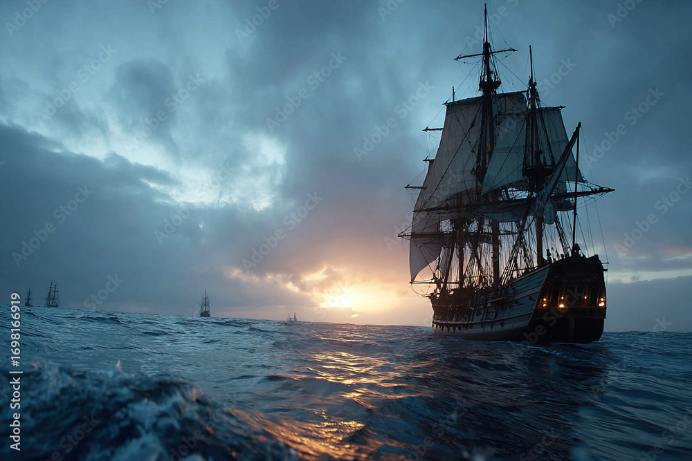 Obraz premium Majestic sailing ship navigating the ocean at sunset with dramatic sky