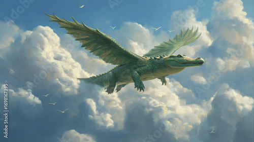 Surreal Fantasy Art of a Crocodile Flying Majestically Through the Sky. Whimsical Dreamscape with a Winged Crocodile Soaring Above the Clouds. Imaginative Artwork of a Flying Crocodile in Bright Sky