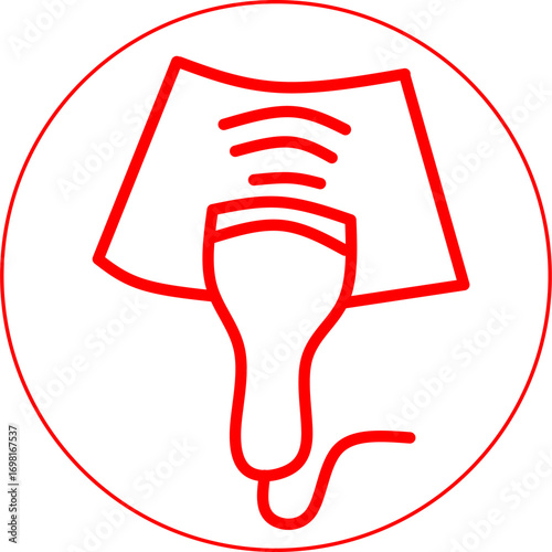 Red line icon of an ultrasound scanner device with screen, symbolizing medical imaging, diagnostics, pregnancy check, healthcare technology, and hospital equipment.

