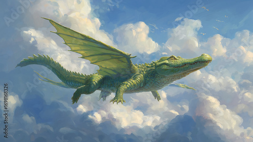 Surreal Fantasy Art of a Crocodile Flying Majestically Through the Sky. Whimsical Dreamscape with a Winged Crocodile Soaring Above the Clouds. Imaginative Artwork of a Flying Crocodile in Bright Sky