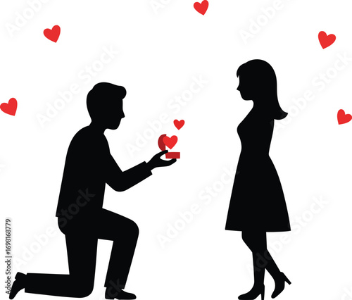 romantic proposal scene with hearts and couple silhouette on transparent background