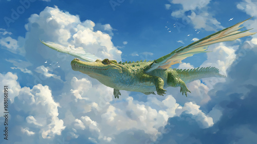 Surreal Fantasy Art of a Crocodile Flying Majestically Through the Sky. Whimsical Dreamscape with a Winged Crocodile Soaring Above the Clouds. Imaginative Artwork of a Flying Crocodile in Bright Sky