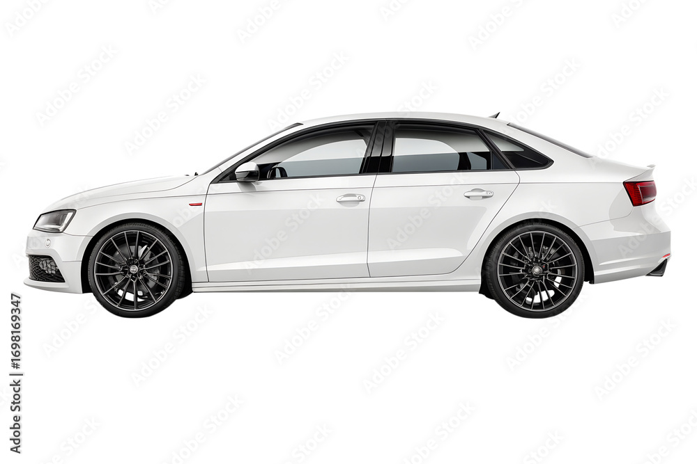 Obraz premium Sleek White Sedan Car Side View Isolated on Transparent Background