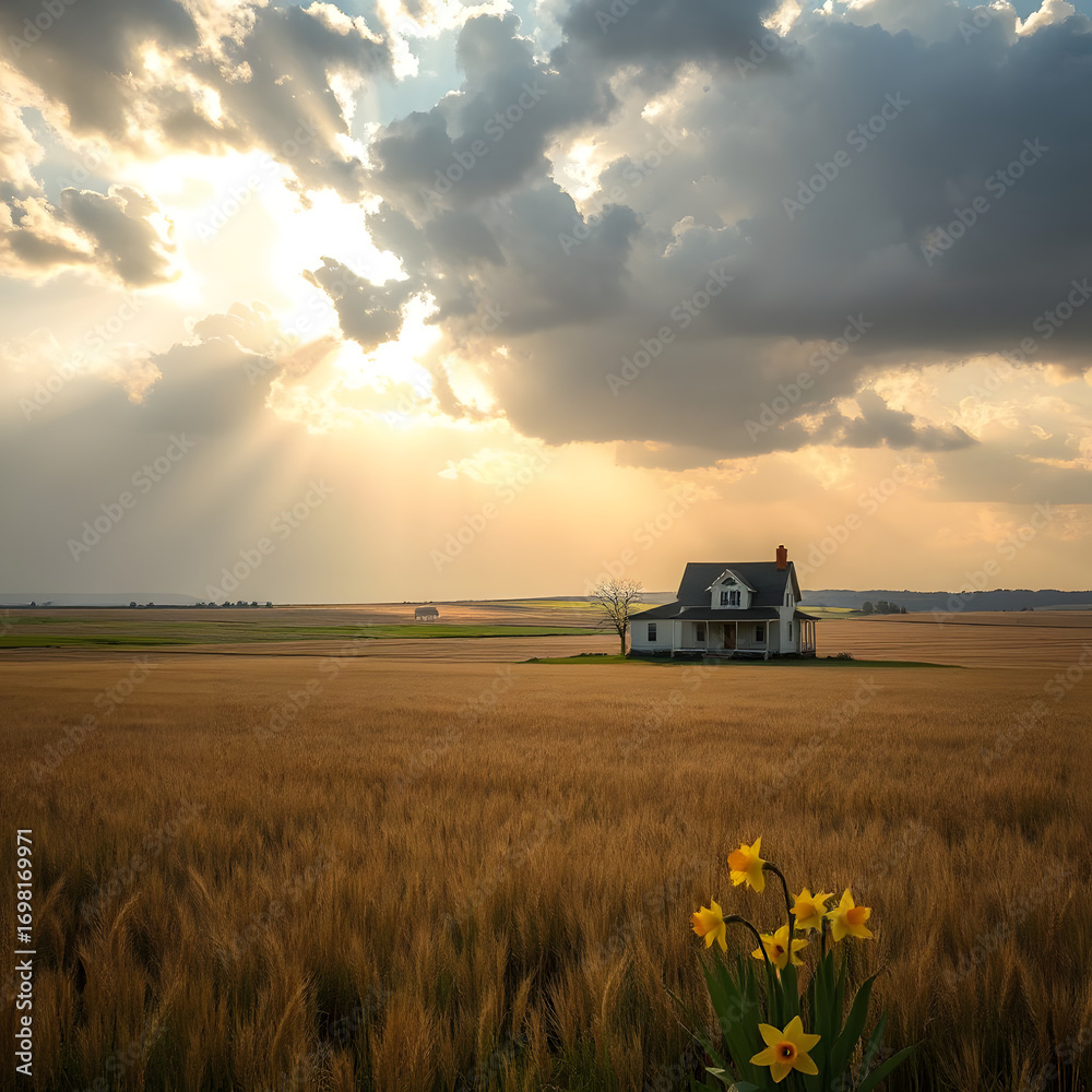 Fototapeta premium A lonely house on the prairie, wheat fields stretch endlessly, yellow daffodils grow next to the house.