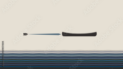 A minimalist illustration of a canoe with a paddle on water against a light background sky horizon