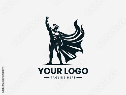 Superhero silhouette vector logo design with cape and raised strong fist pose