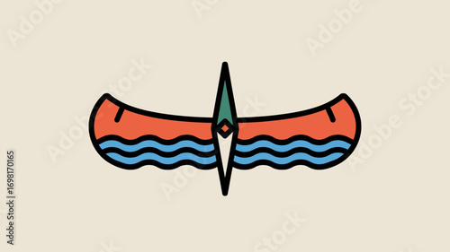Illustration of a canoe with orange sides and blue waves on a beige background simple design style