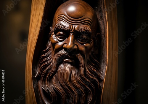 Intricately carved wooden sculpture showing wise, old man features